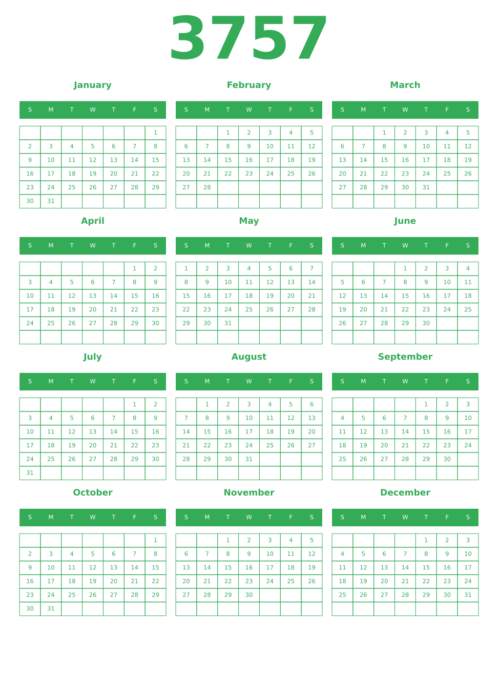 Printable 3757 Year Calendars green