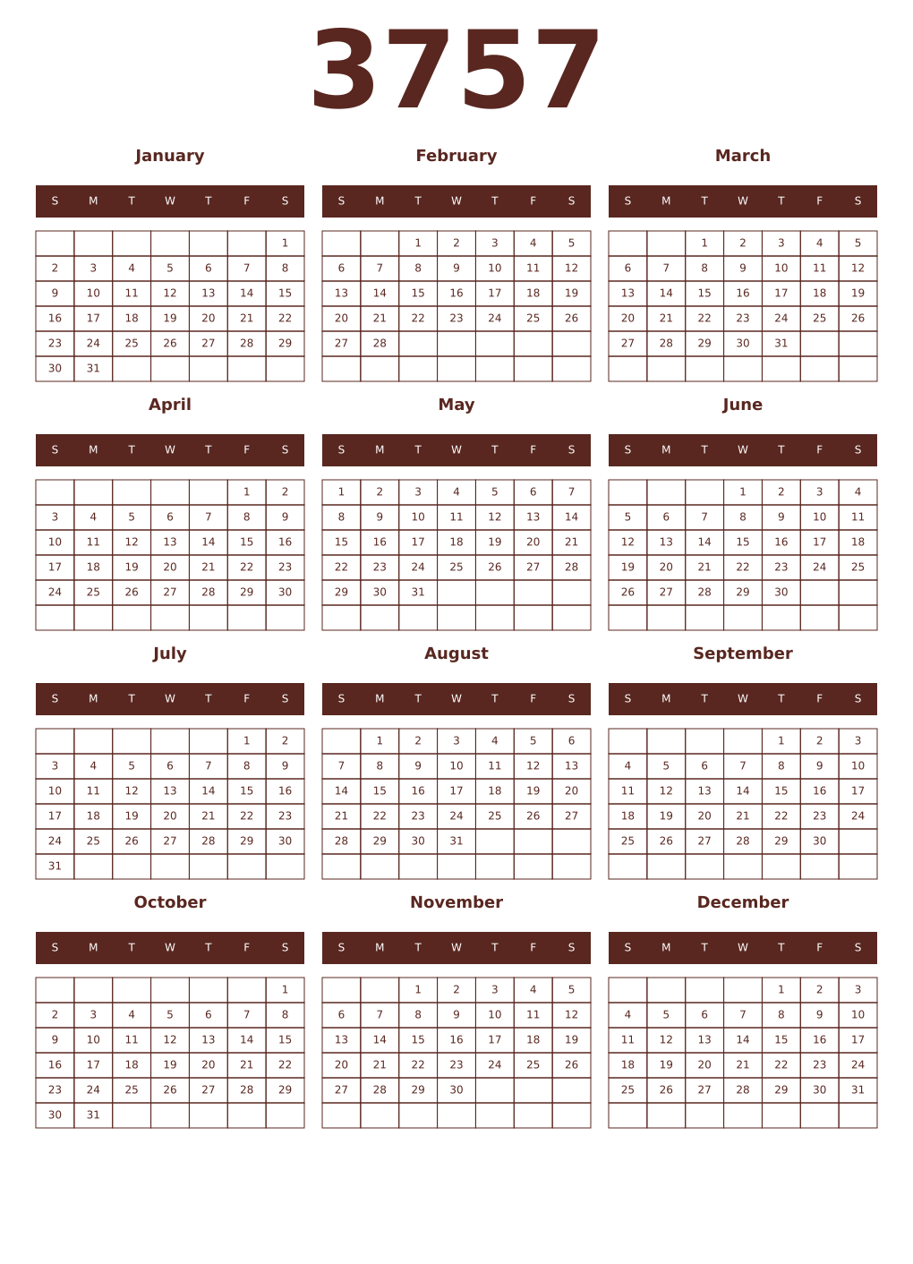 Printable 3757 Year Calendars mortuum