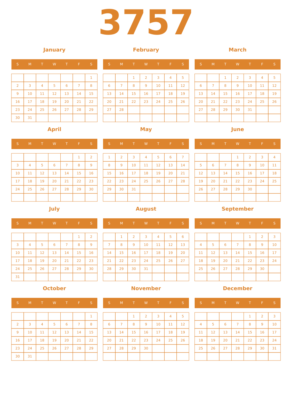 Printable 3757 Year Calendars orange