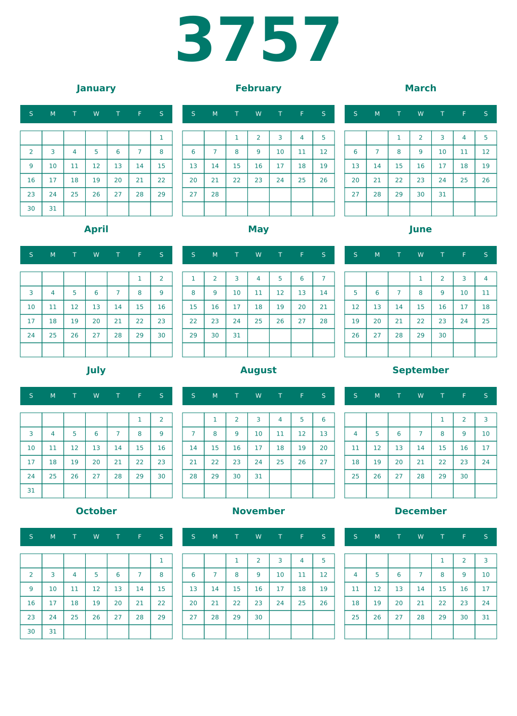 Printable 3757 Year Calendars pastel