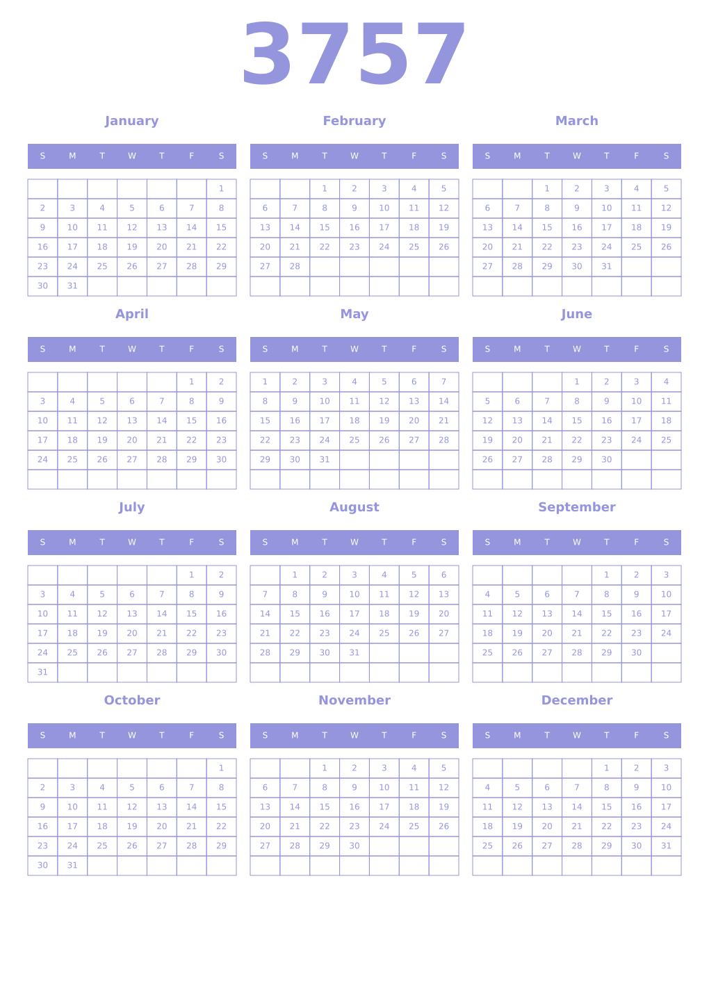 Printable 3757 Year Calendars periwinkle