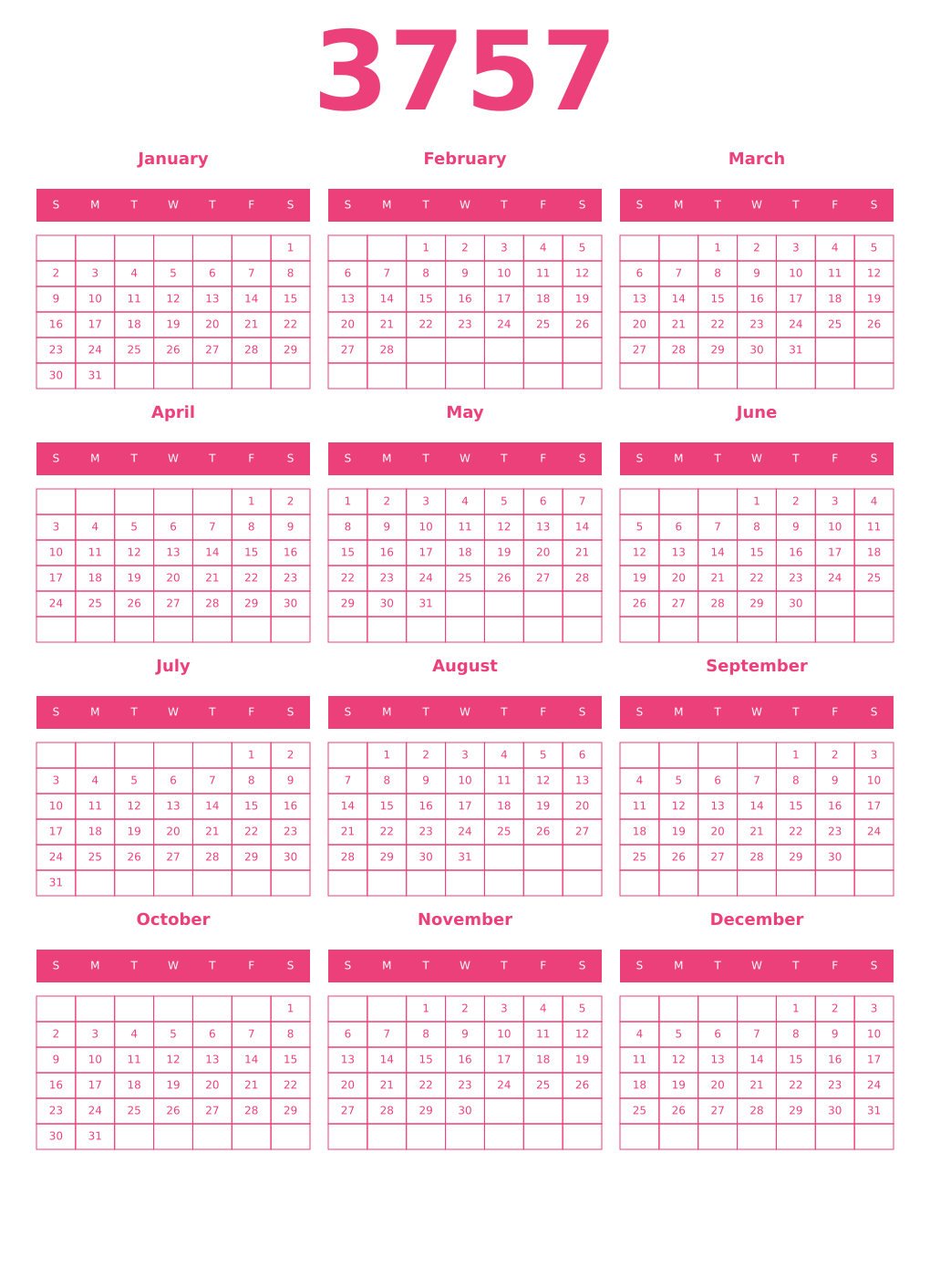 Printable 3757 Year Calendars pink