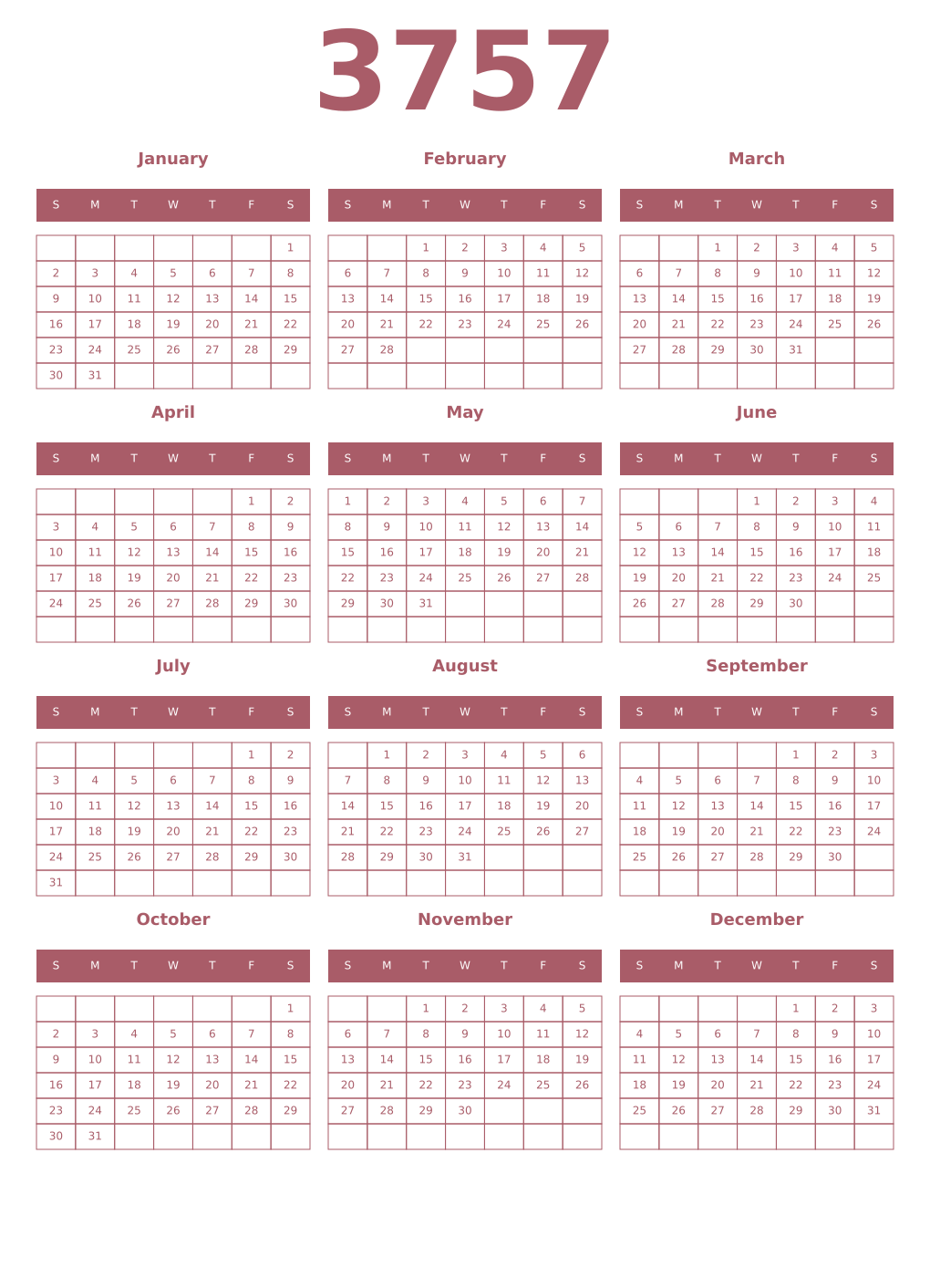 Printable 3757 Year Calendars puce
