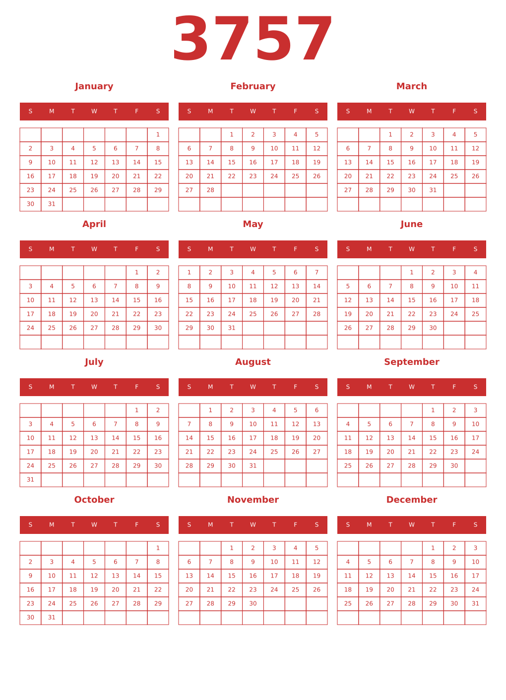 Printable 3757 Year Calendars red