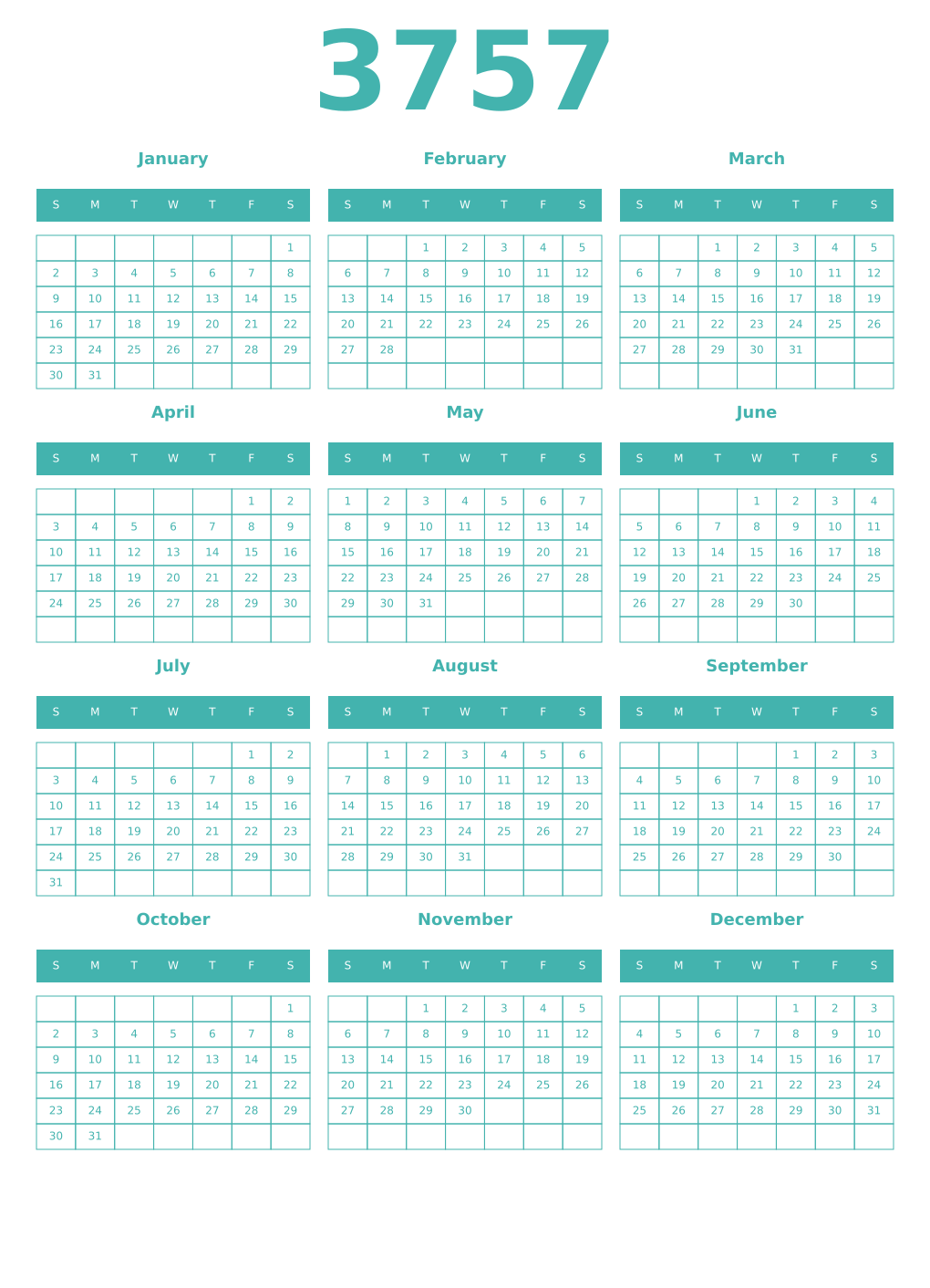 Printable 3757 Year Calendars verdigris