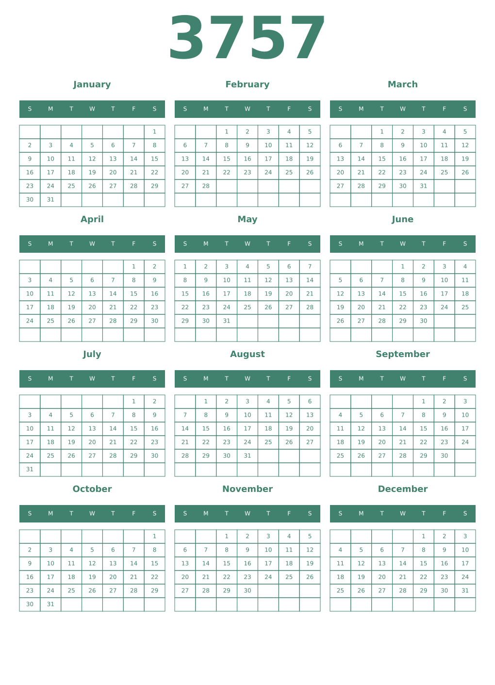 Printable 3757 Year Calendars viridian