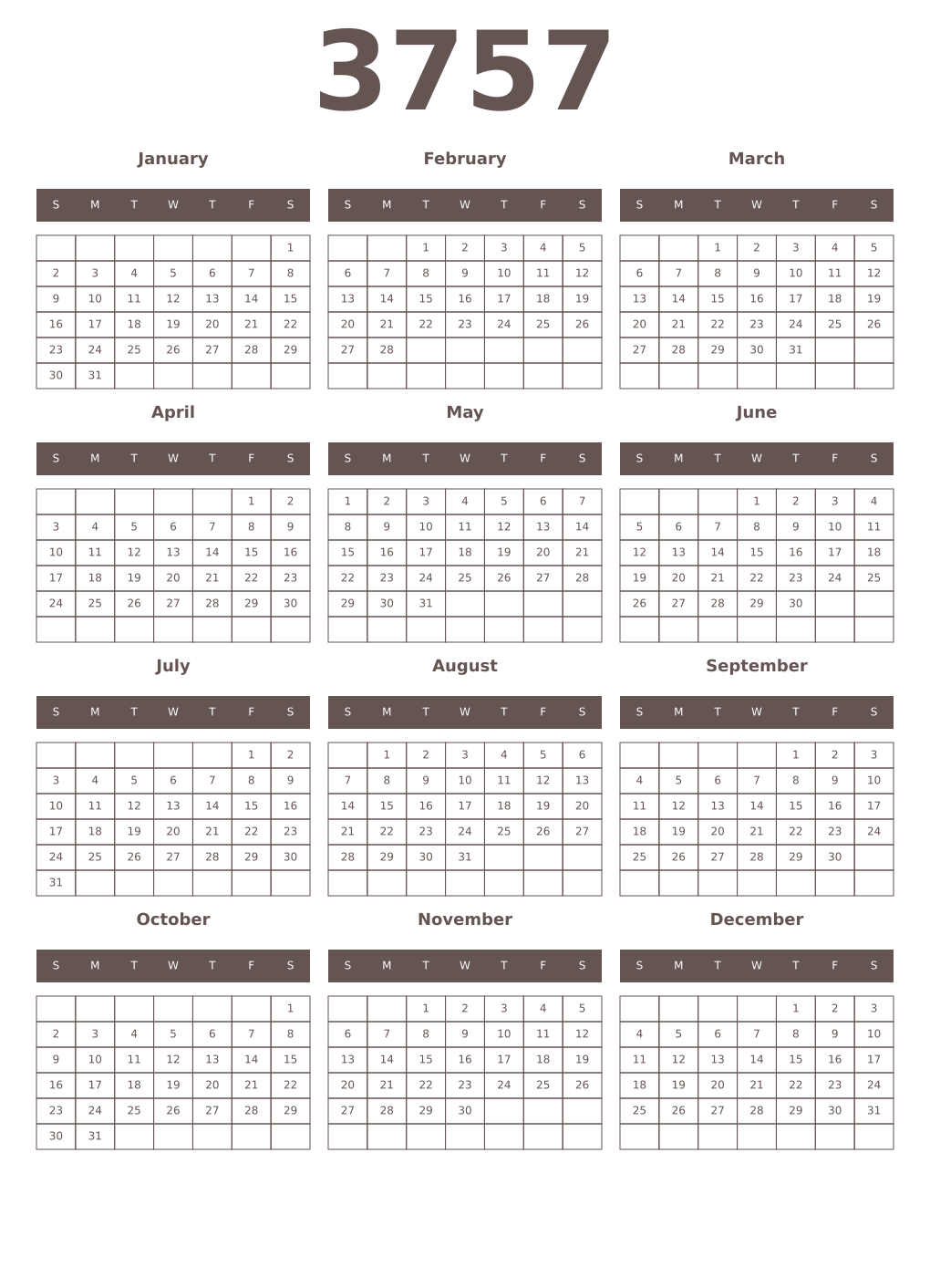 Printable 3757 Year Calendars wenge