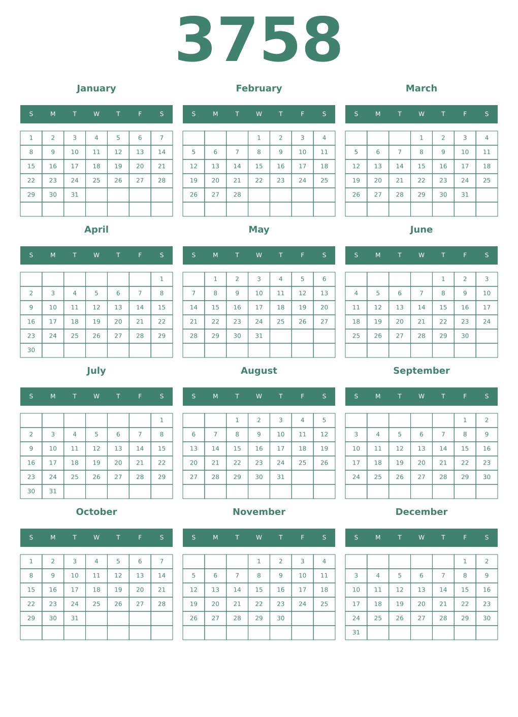 Printable 3758 Year Calendars viridian