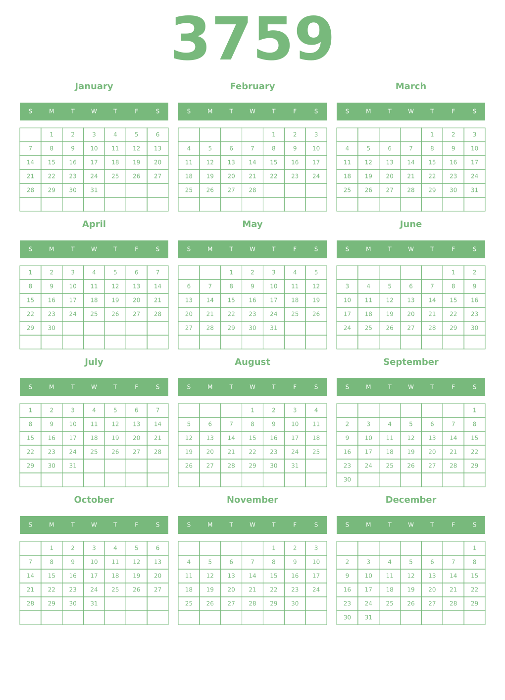 Printable 3759 Year Calendars celadon