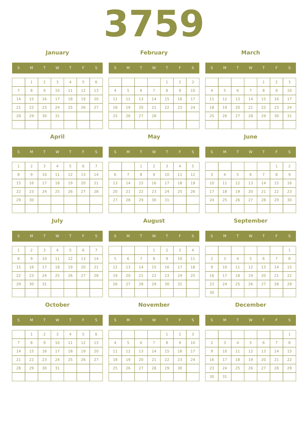 Printable 3759 Year Calendars eburnean