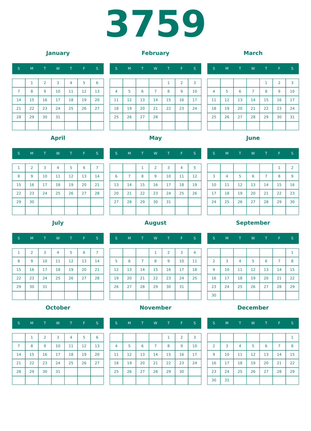 Printable 3759 Year Calendars pastel