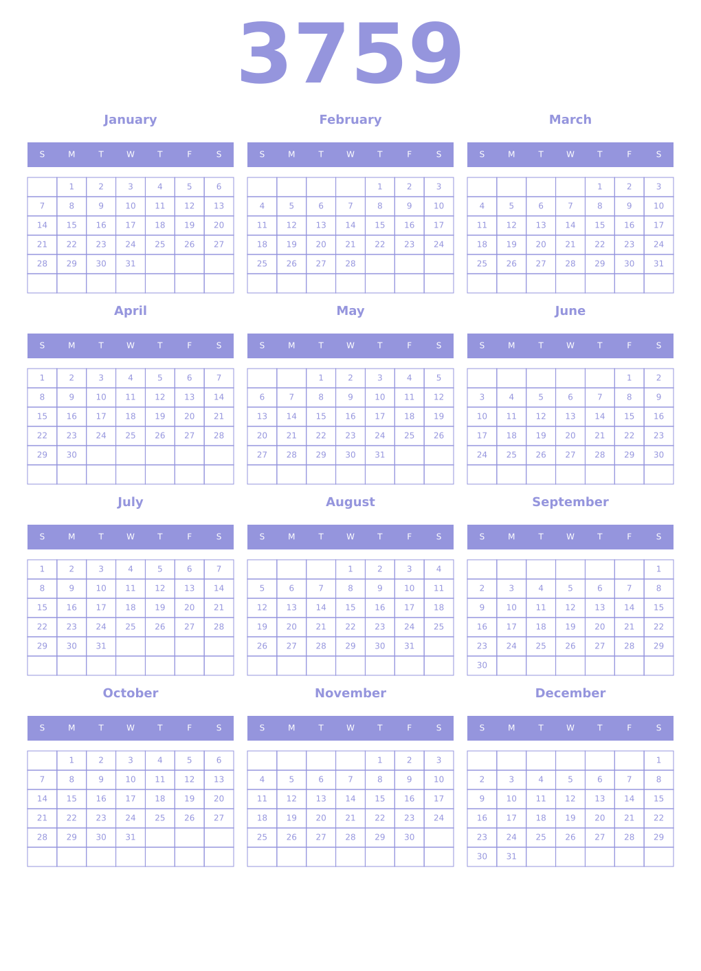 Printable 3759 Year Calendars periwinkle