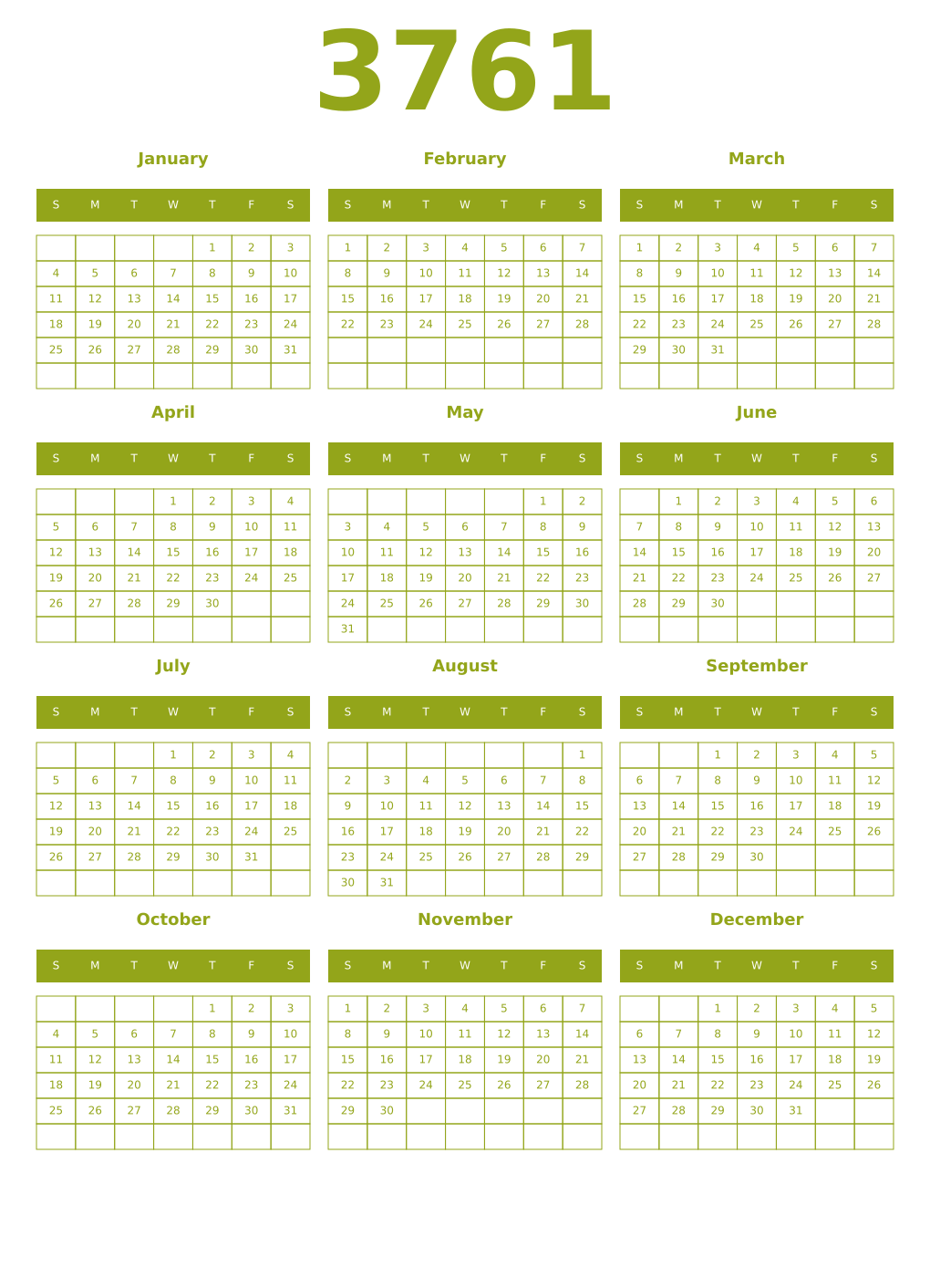 Printable 3761 Year Calendars chartreuse