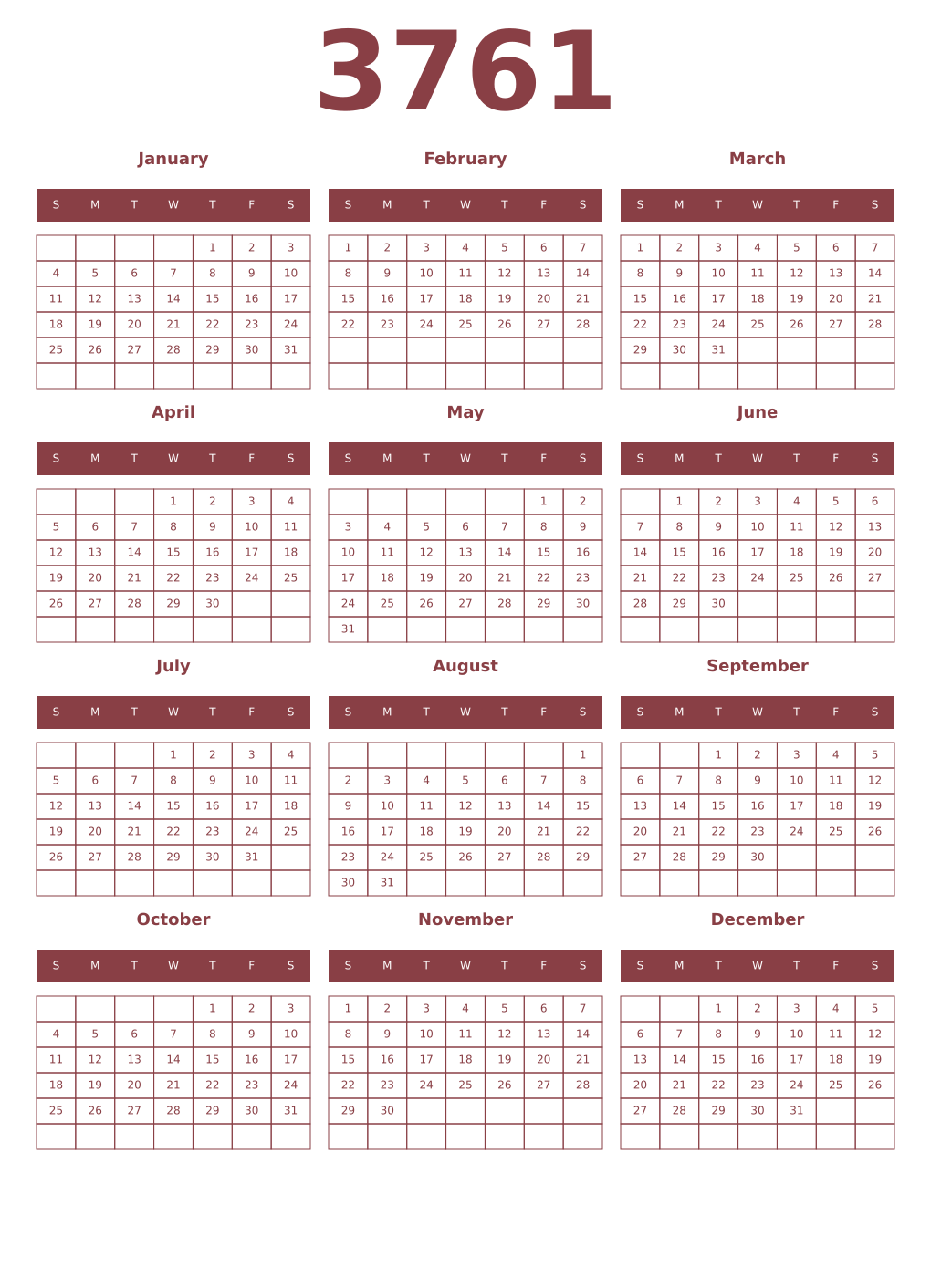 Printable 3761 Year Calendars cordovan