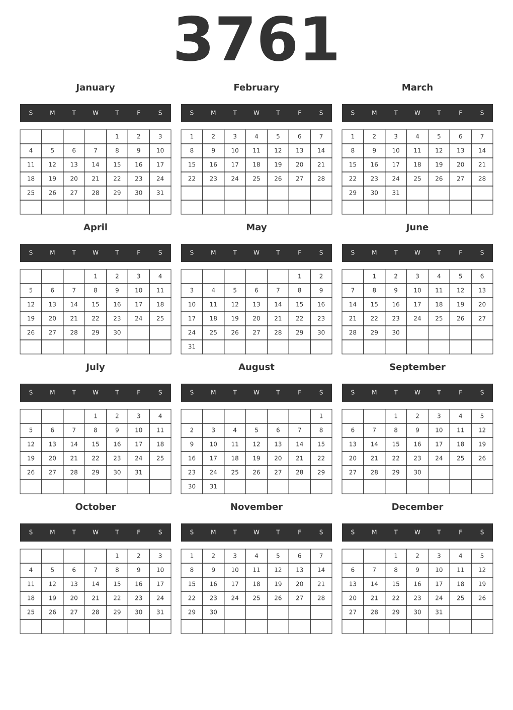 Printable 3761 Year Calendars dark