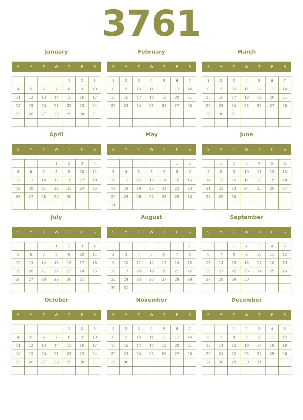 Printable 3761 Year Calendars eburnean