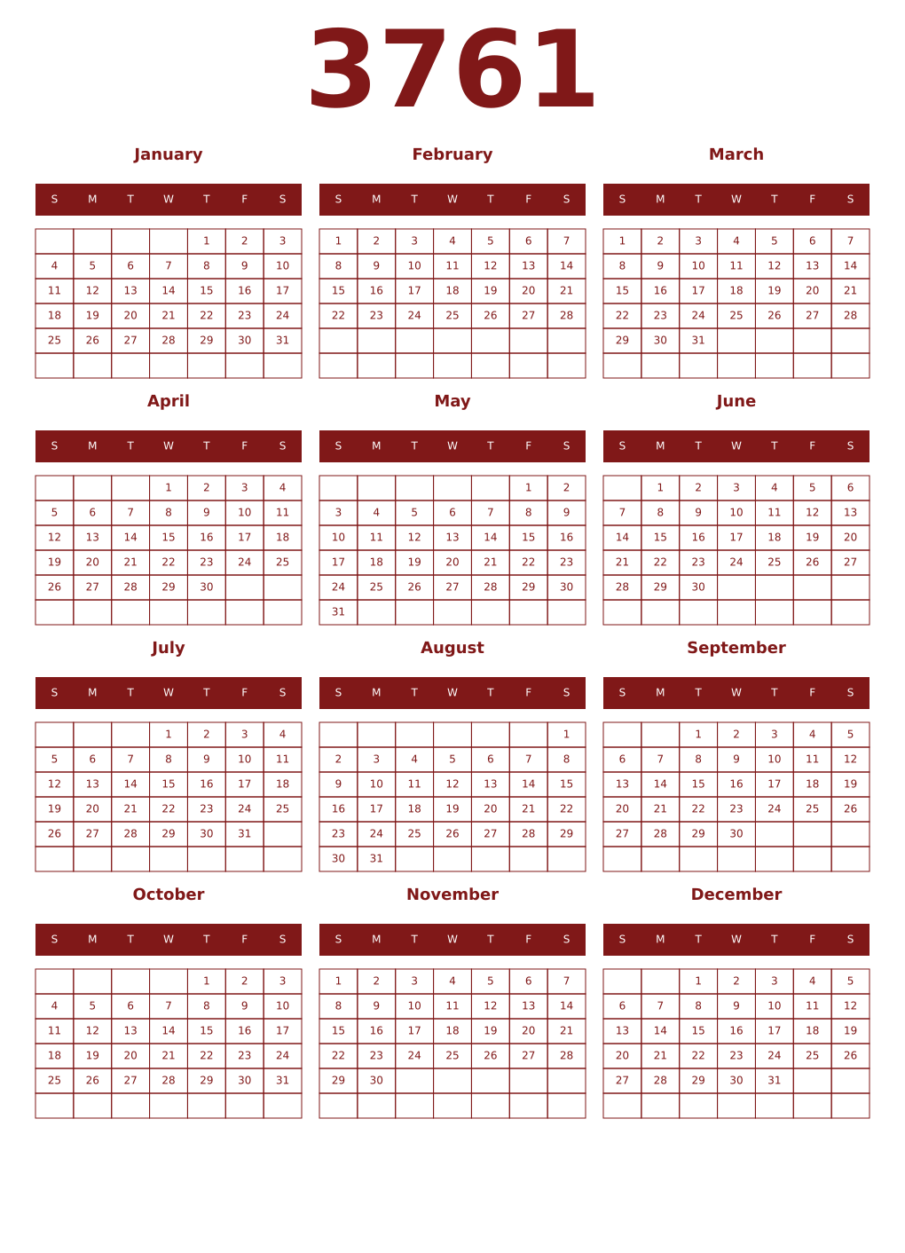 Printable 3761 Year Calendars falu