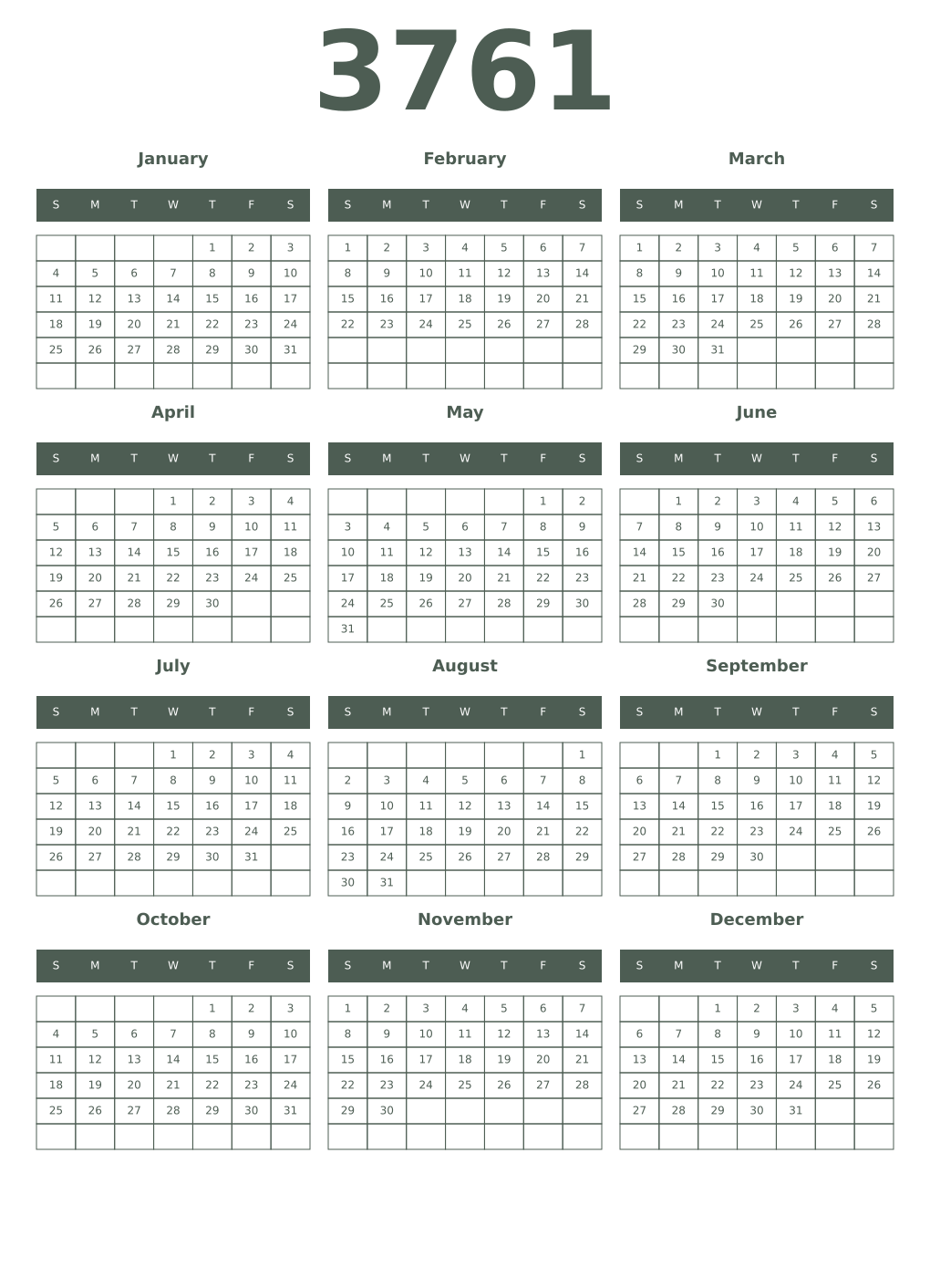 Printable 3761 Year Calendars feldgrau