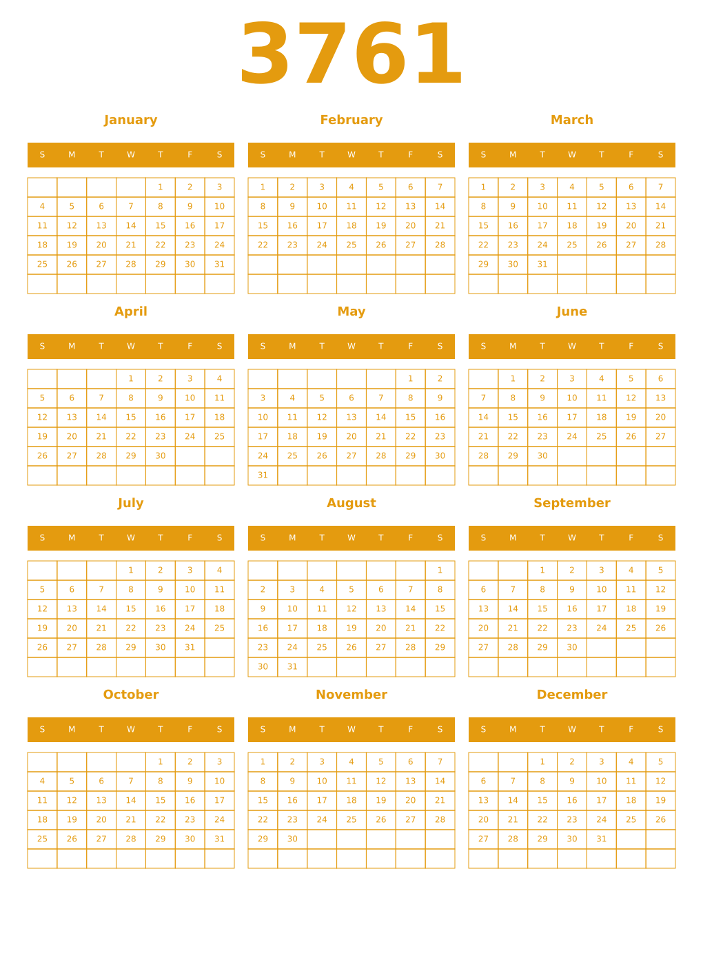 Printable 3761 Year Calendars gamboge