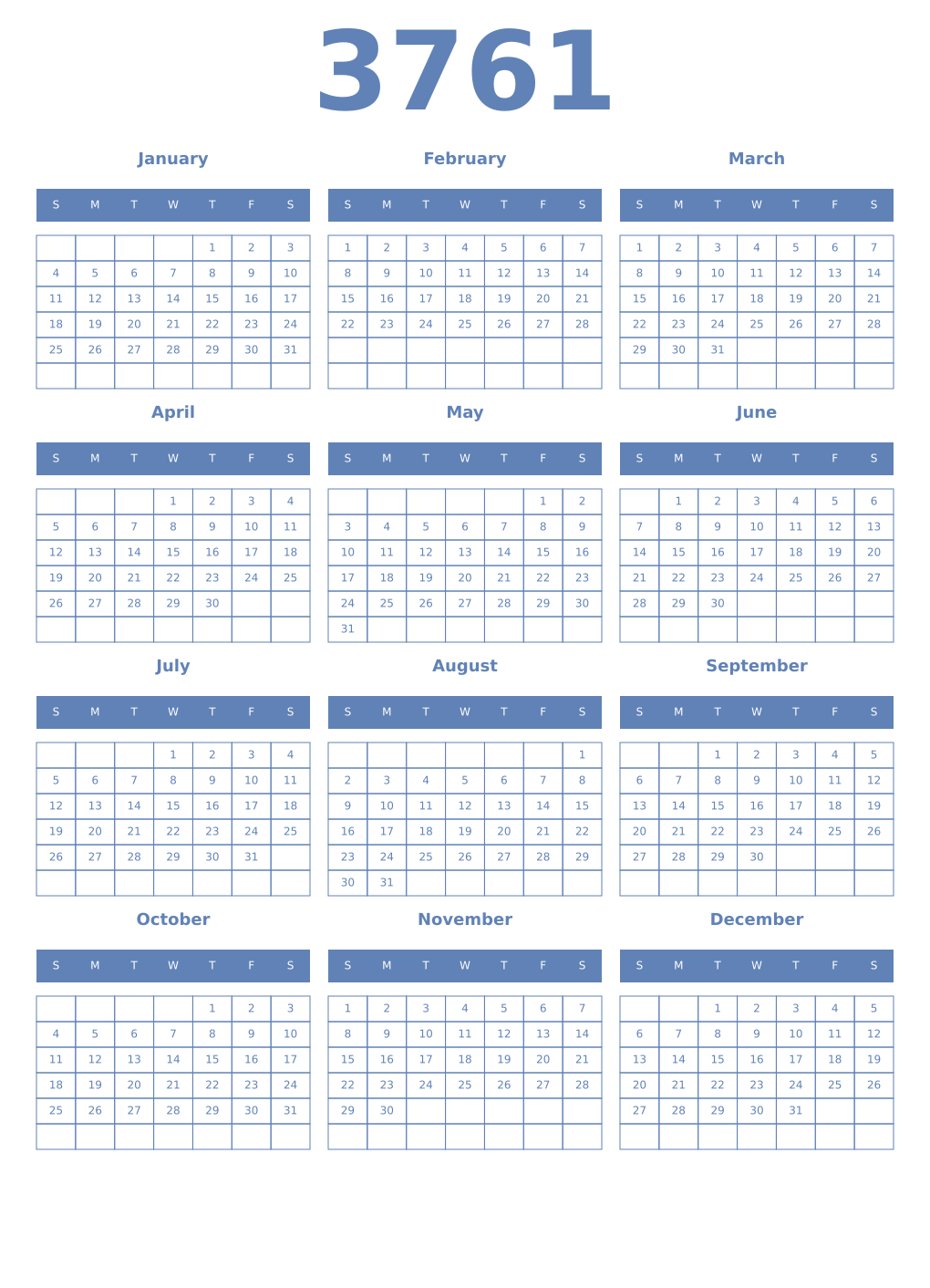 Printable 3761 Year Calendars glaucous