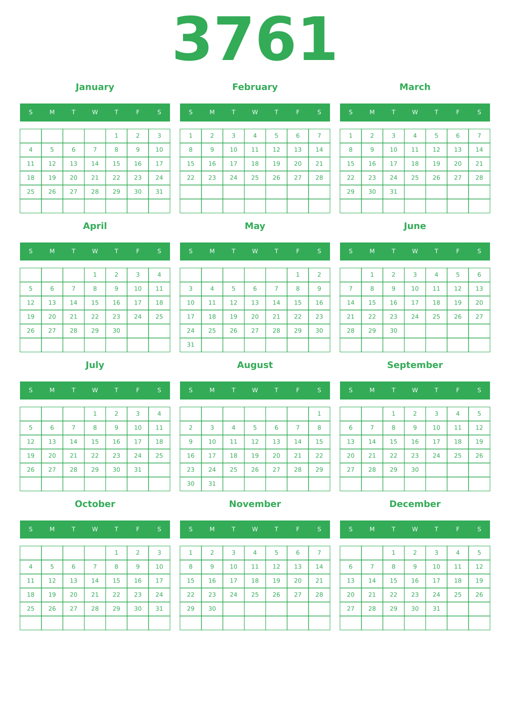 Printable 3761 Year Calendars green