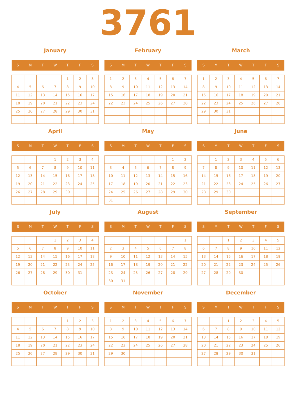 Printable 3761 Year Calendars orange