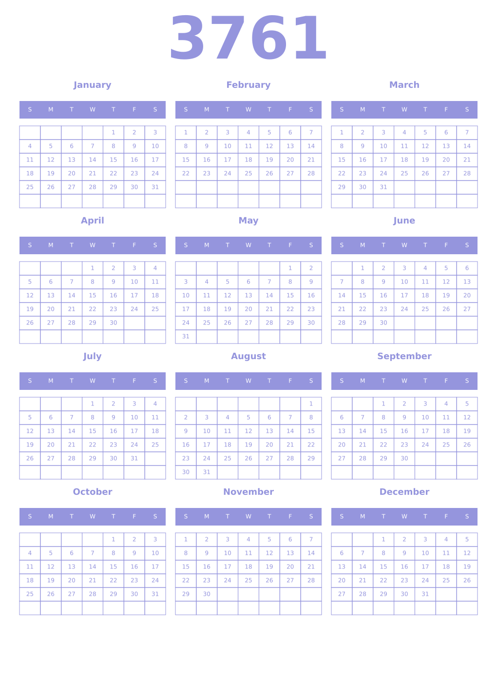 Printable 3761 Year Calendars periwinkle