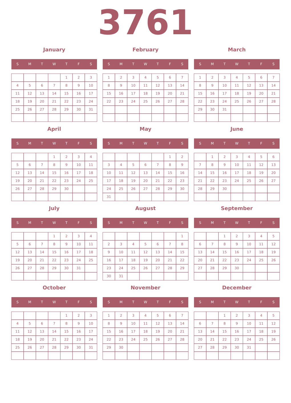 Printable 3761 Year Calendars puce