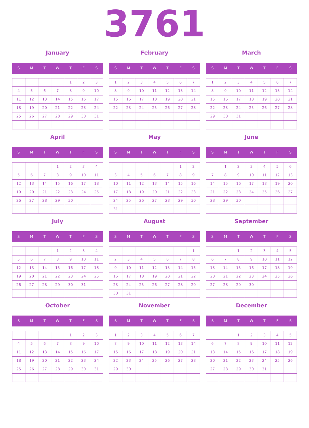 Printable 3761 Year Calendars purple