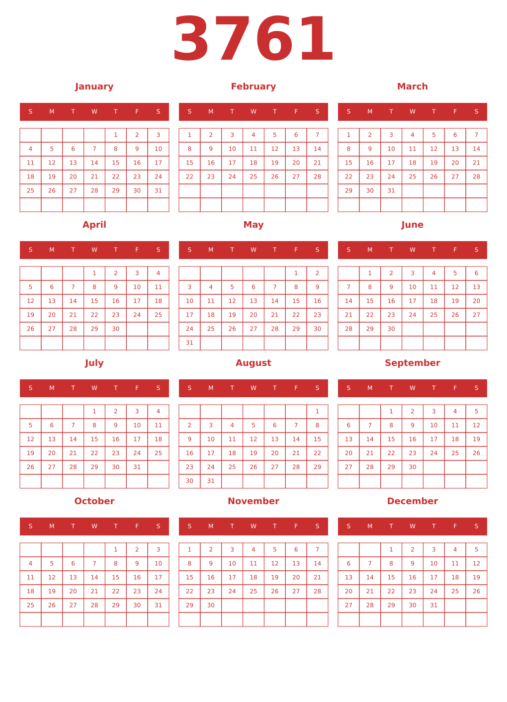Printable 3761 Year Calendars red