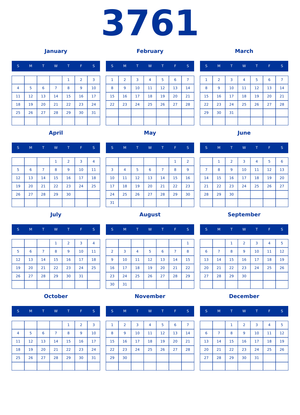 Printable 3761 Year Calendars smalt