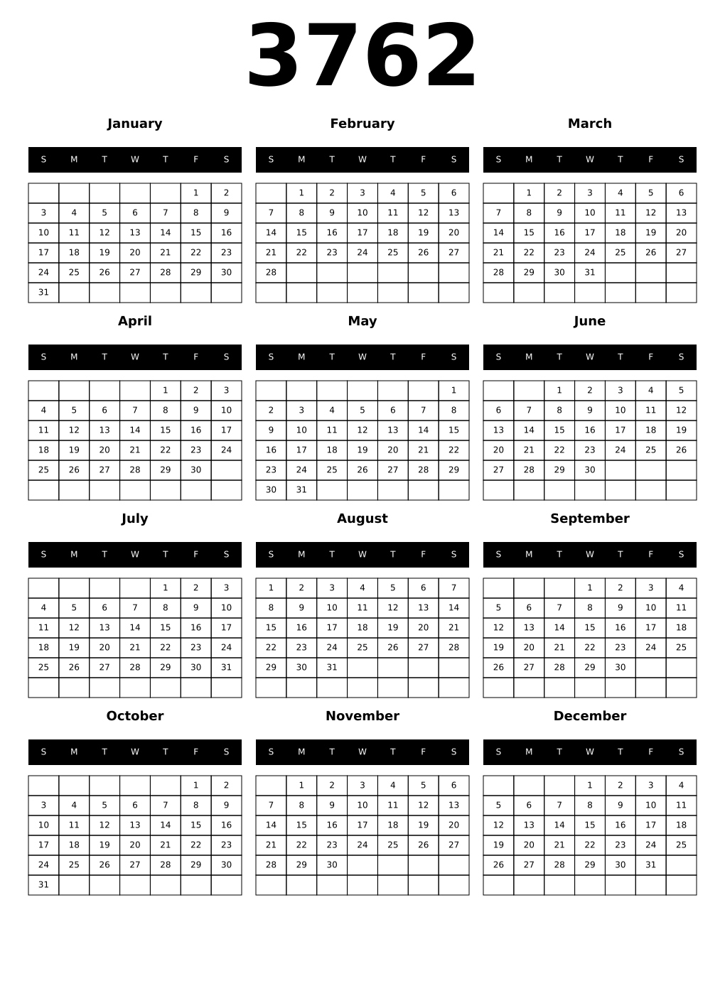 Printable 3762 Calendars