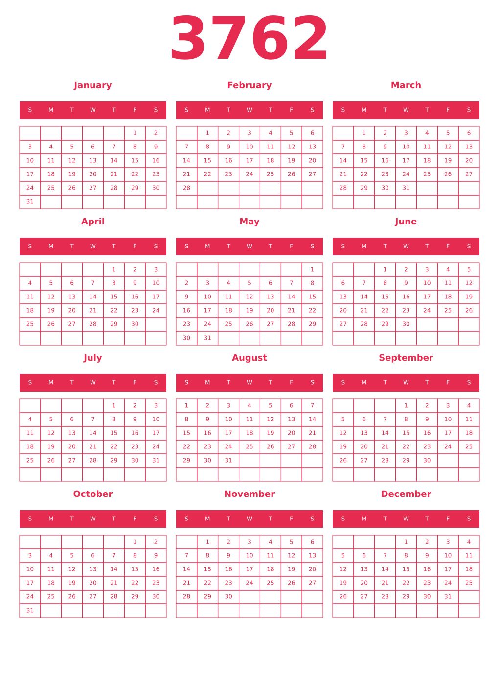 Printable 3762 Year Calendars amaranth
