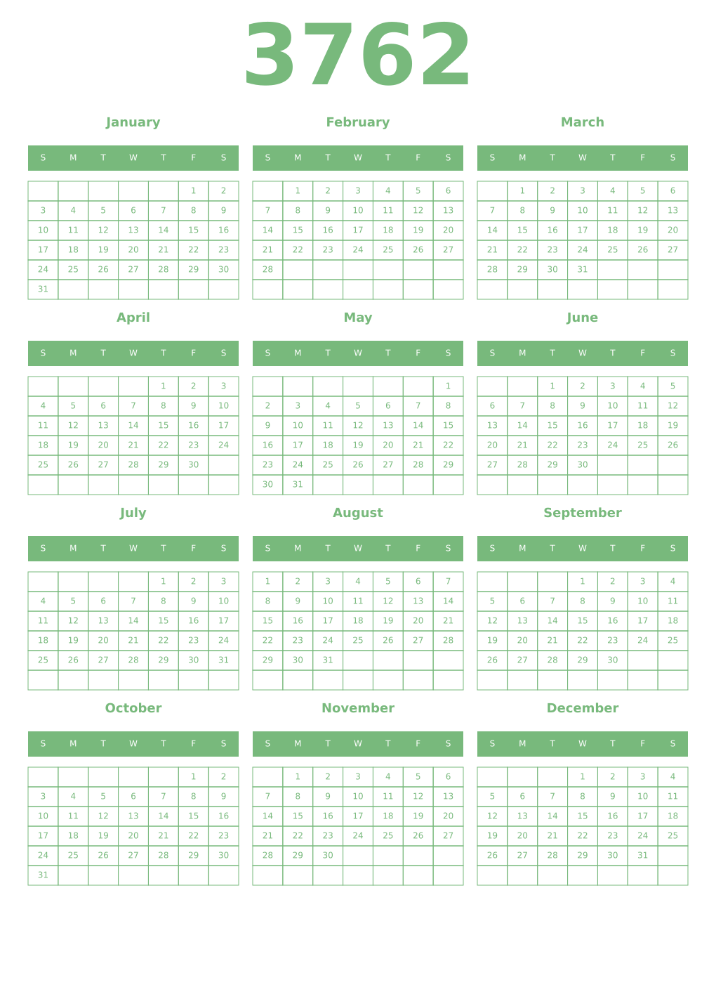 Printable 3762 Year Calendars celadon