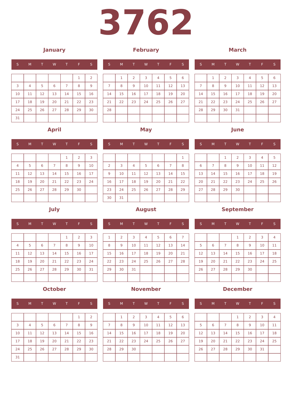 Printable 3762 Year Calendars cordovan