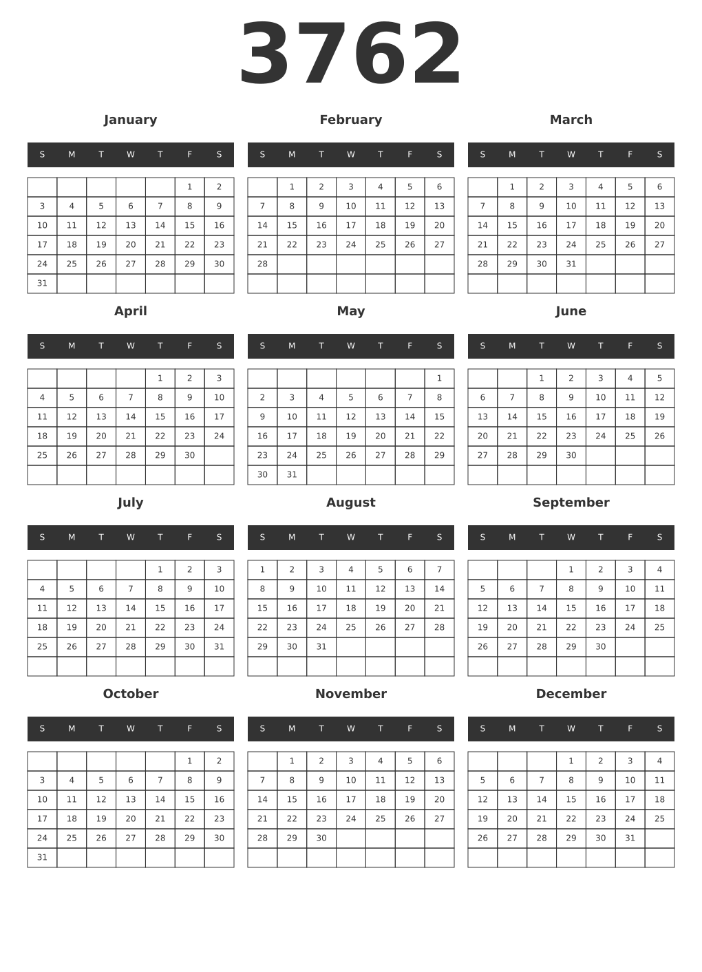 Printable 3762 Year Calendars dark