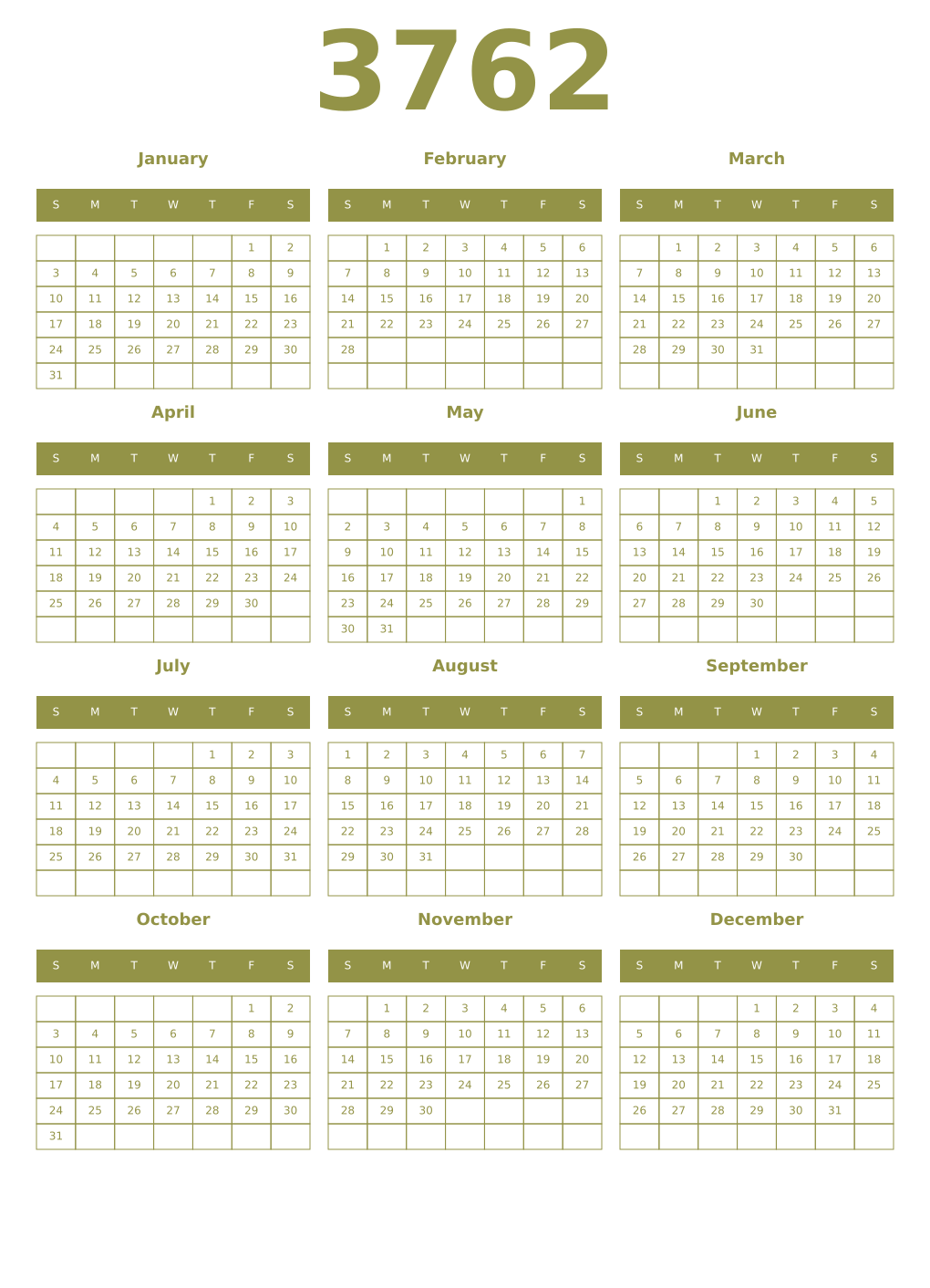 Printable 3762 Year Calendars eburnean