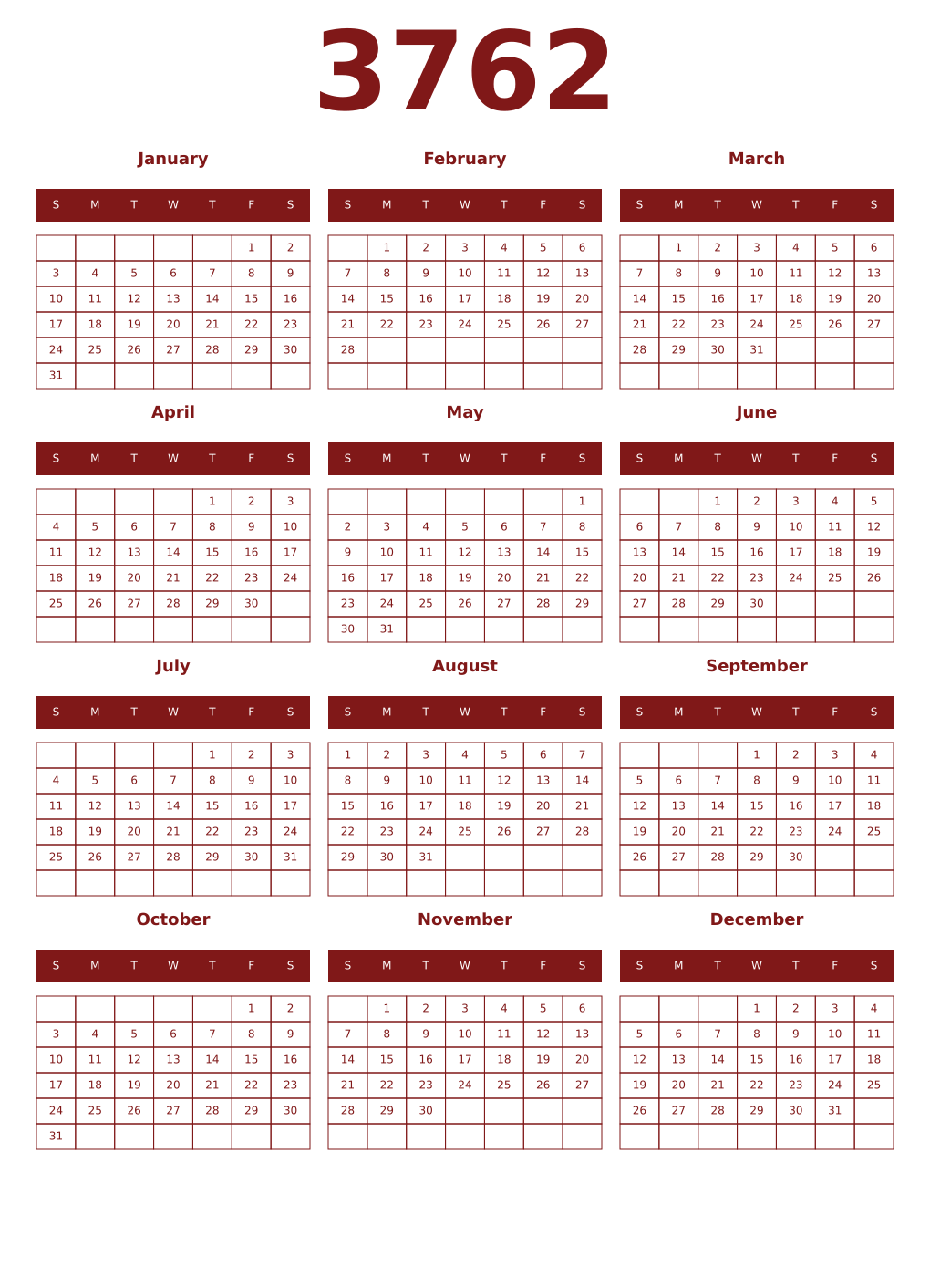 Printable 3762 Year Calendars falu