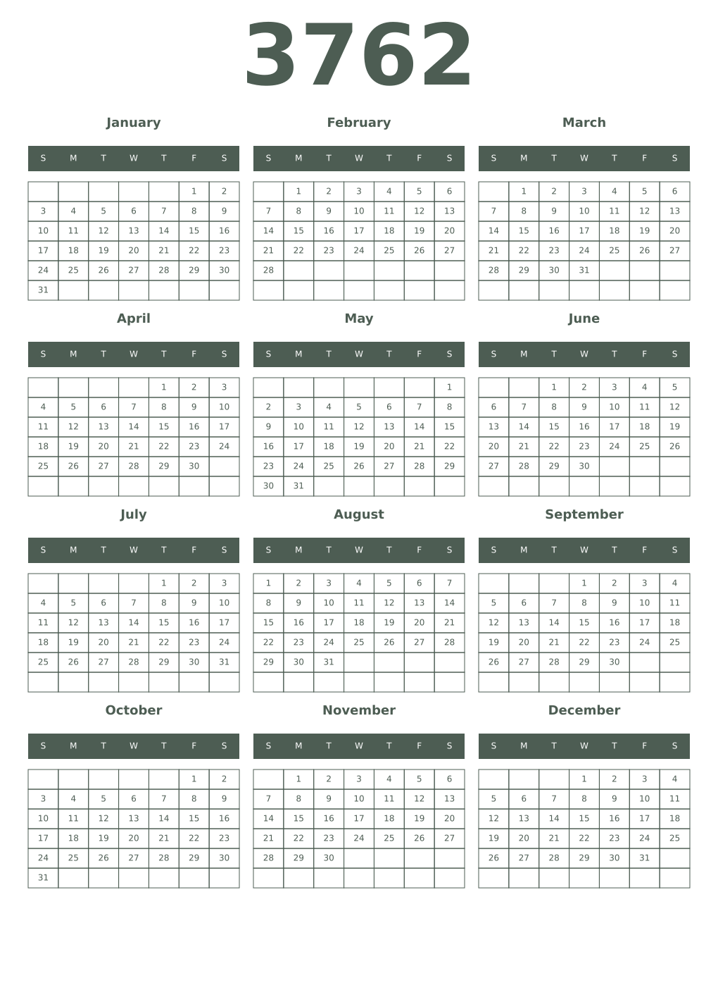 Printable 3762 Year Calendars feldgrau