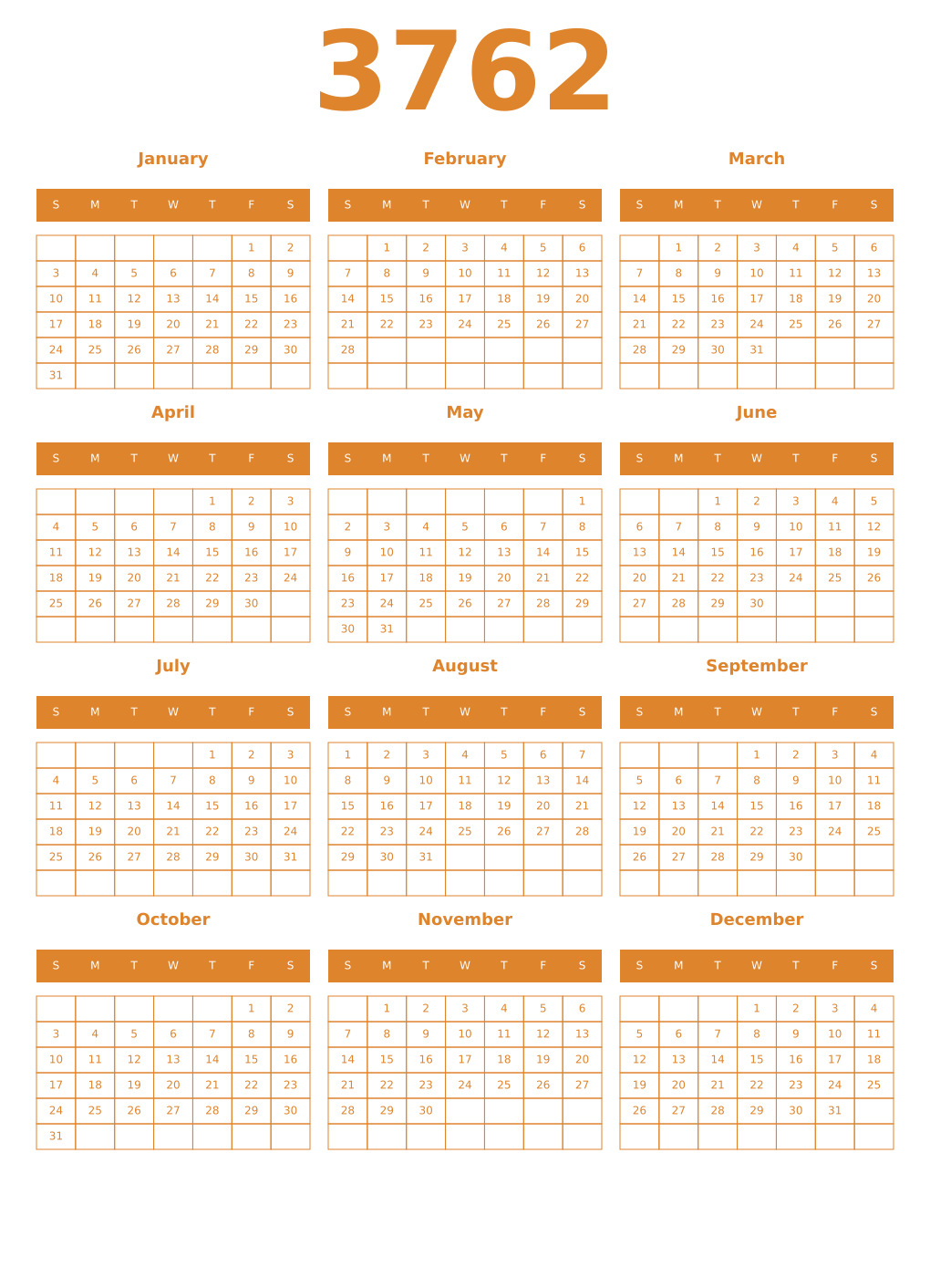 Printable 3762 Year Calendars orange