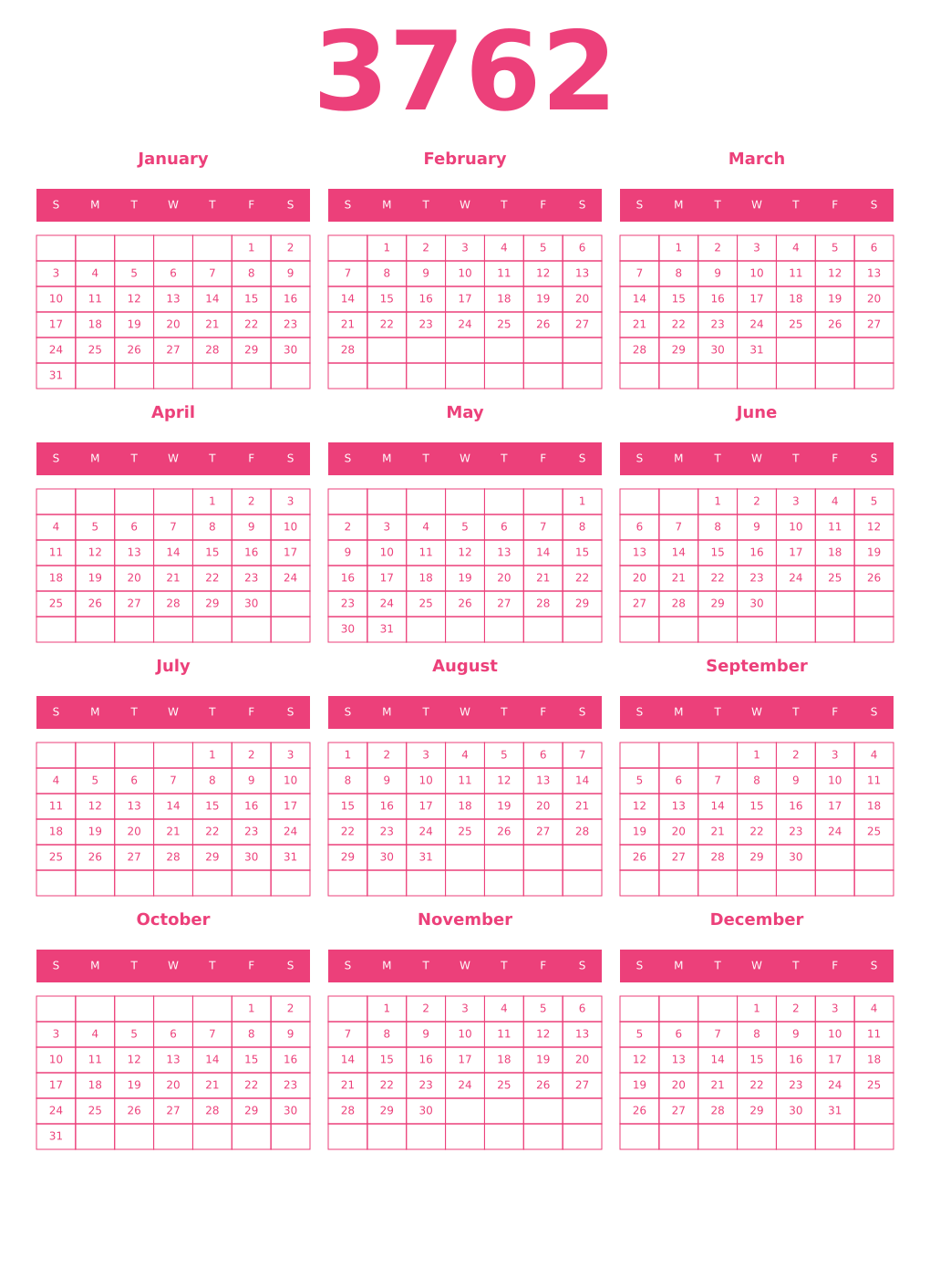 Printable 3762 Year Calendars pink