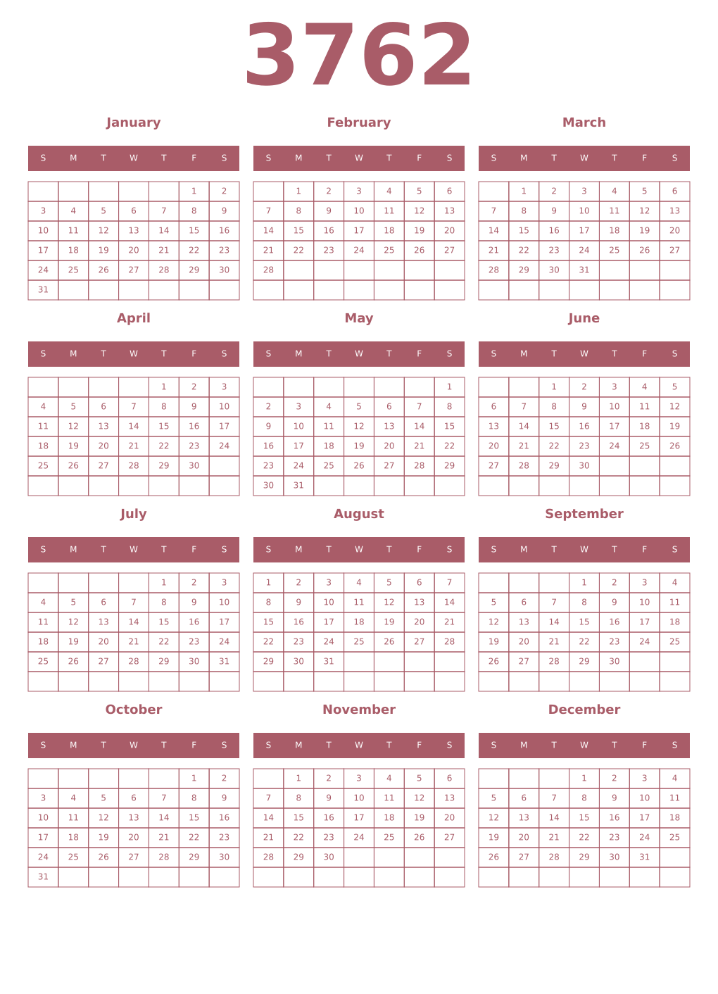 Printable 3762 Year Calendars puce