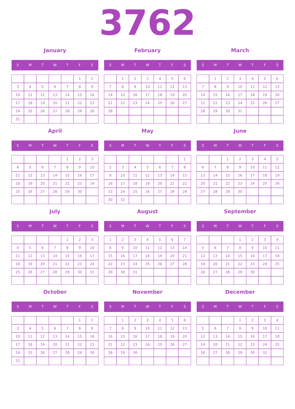 Printable 3762 Year Calendars purple