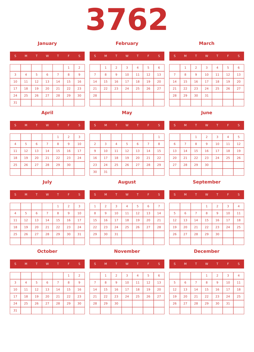 Printable 3762 Year Calendars red