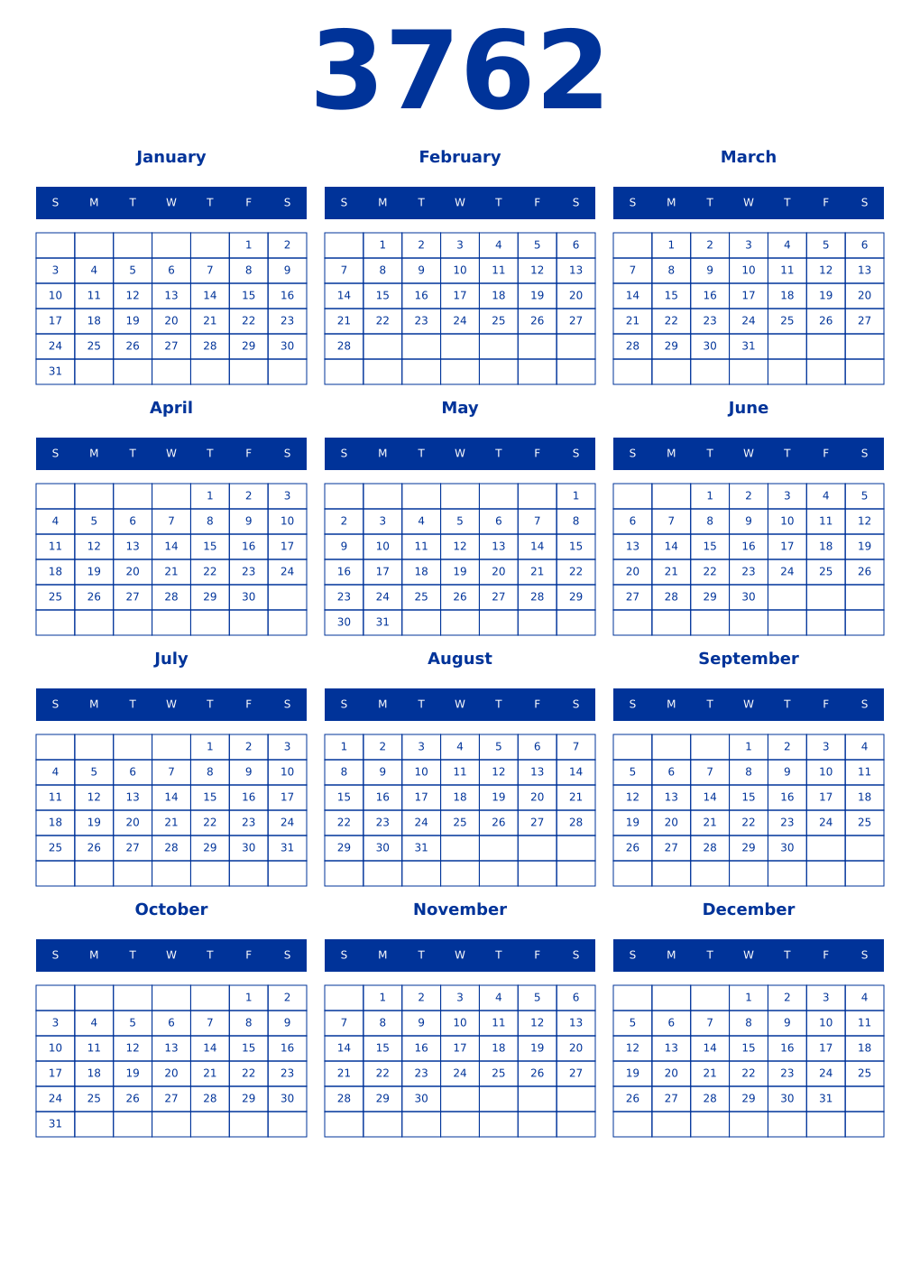 Printable 3762 Year Calendars smalt