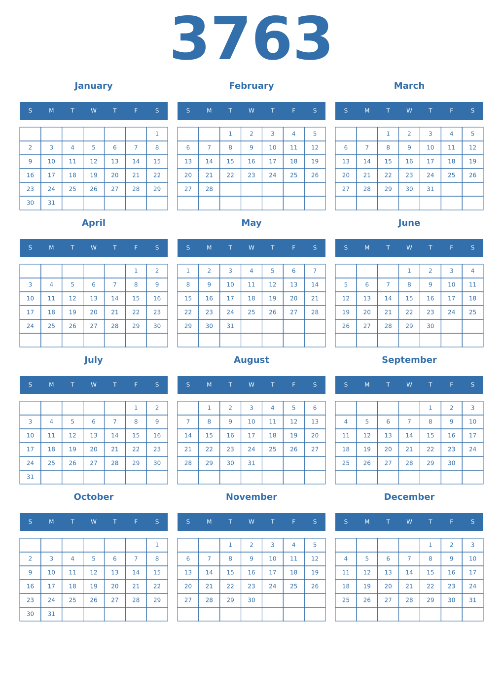 Printable 3763 Year Calendars blue