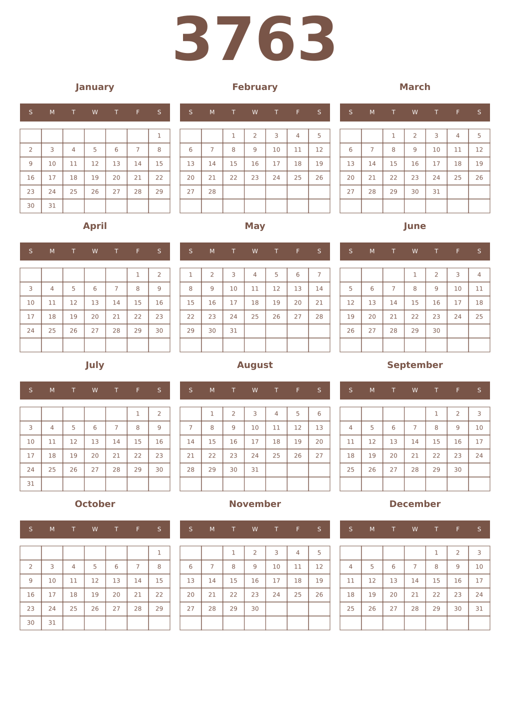 Printable 3763 Year Calendars coffe