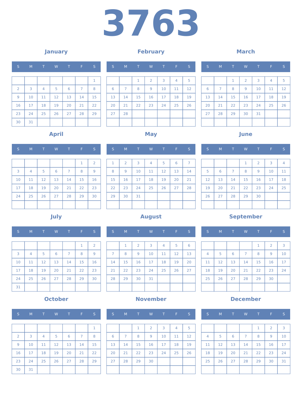 Printable 3763 Year Calendars glaucous