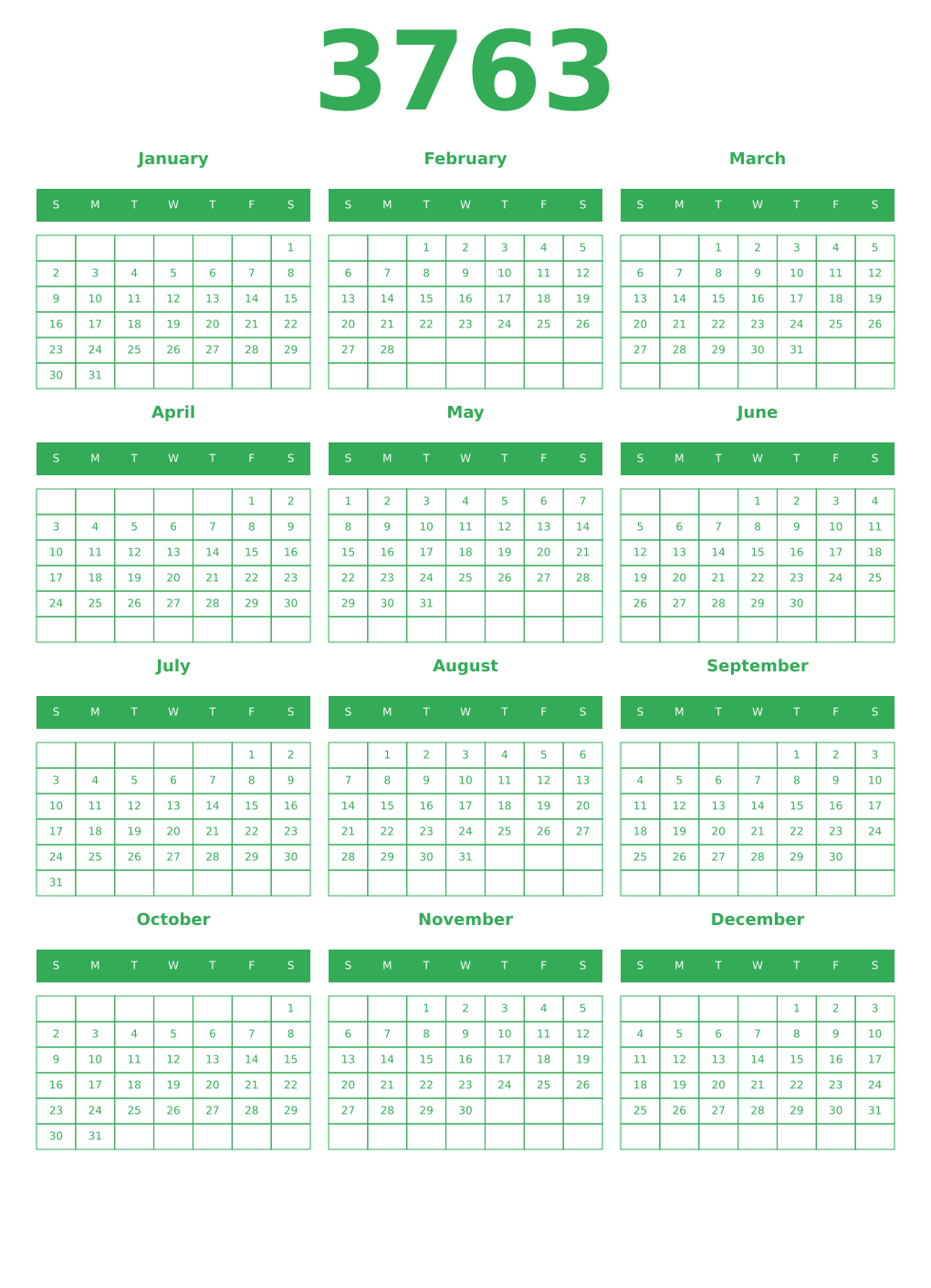 Printable 3763 Year Calendars green
