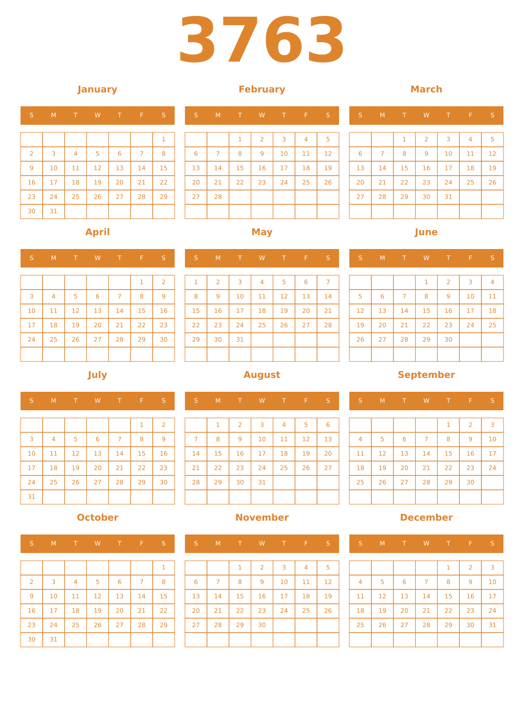 Printable 3763 Year Calendars orange